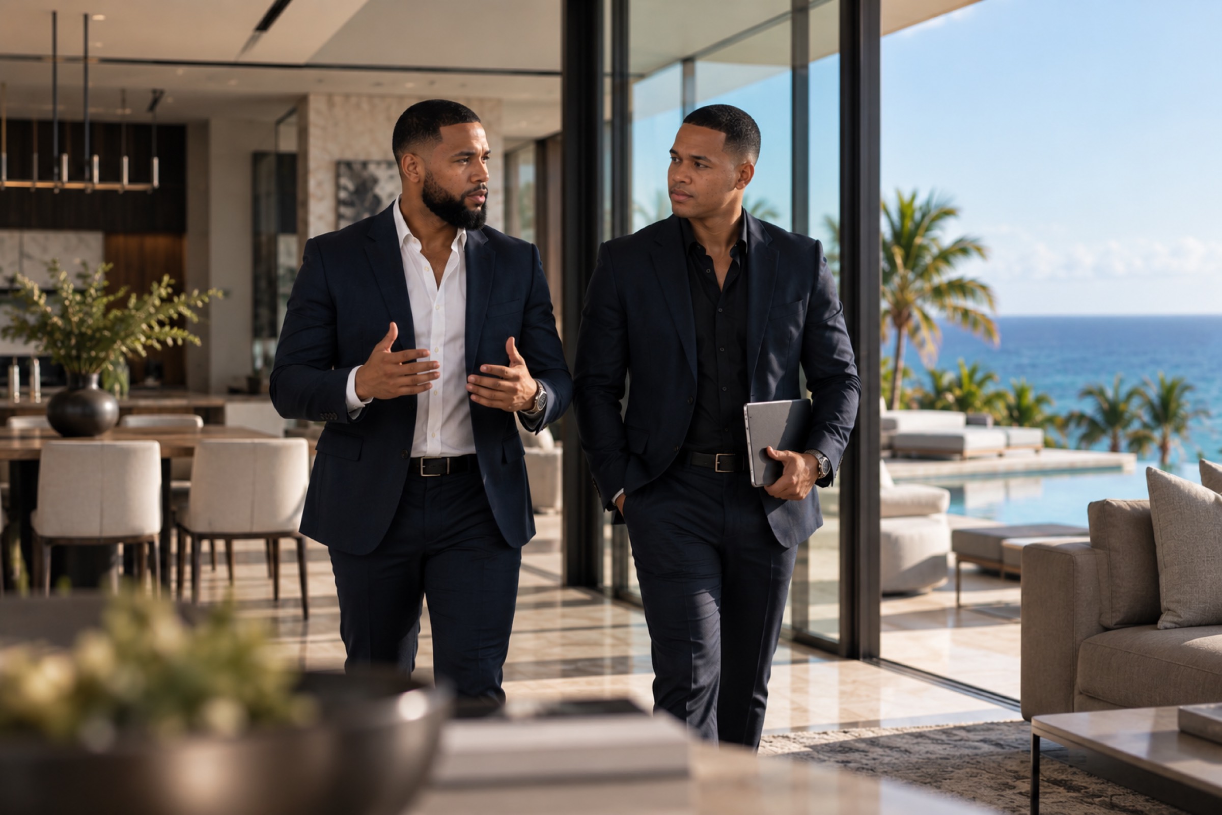 Los dos brokers conversando dentro de una propiedad