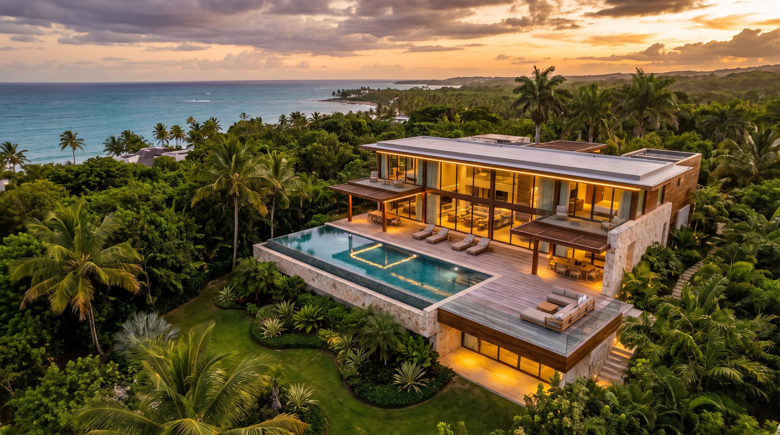 Vista aérea de una villa frente al mar al atardecer