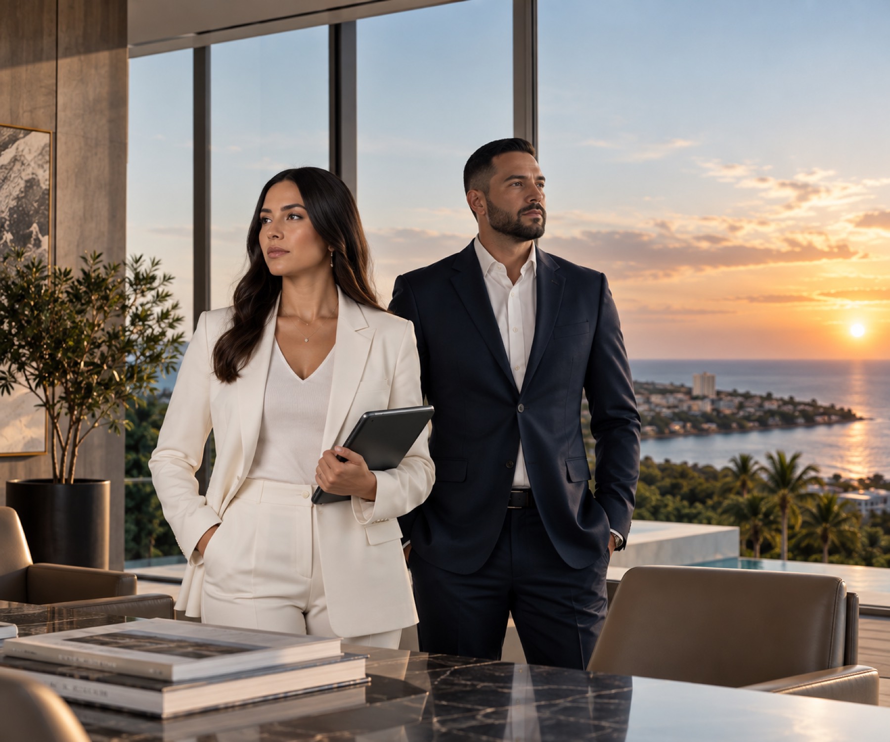 Brokers en una propiedad al atardecer